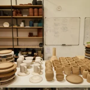 assortment-clay-cups-jars-sitting-table-large-ceramics-manufacturing-workshop-variety-earthenware-sitting-338884612