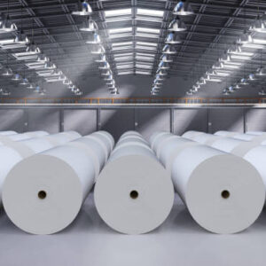 3d rendering white large paper rolls in factory