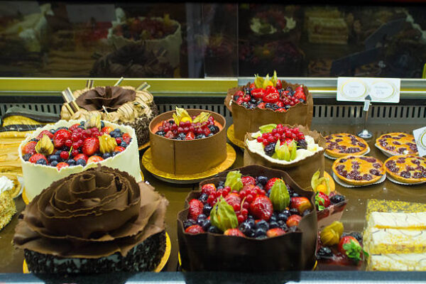 Cake display in a cake store window.